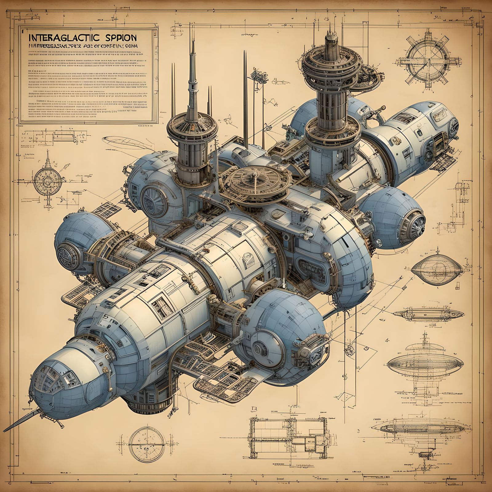 Retro Steampunk Intergalactic Space Station Blueprints