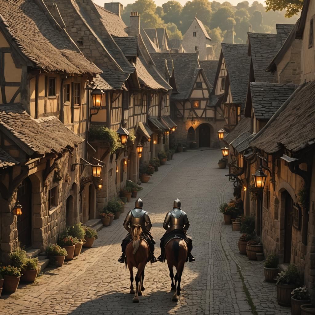 Medieval Knights Ride Through Village: Cinematic Film Still