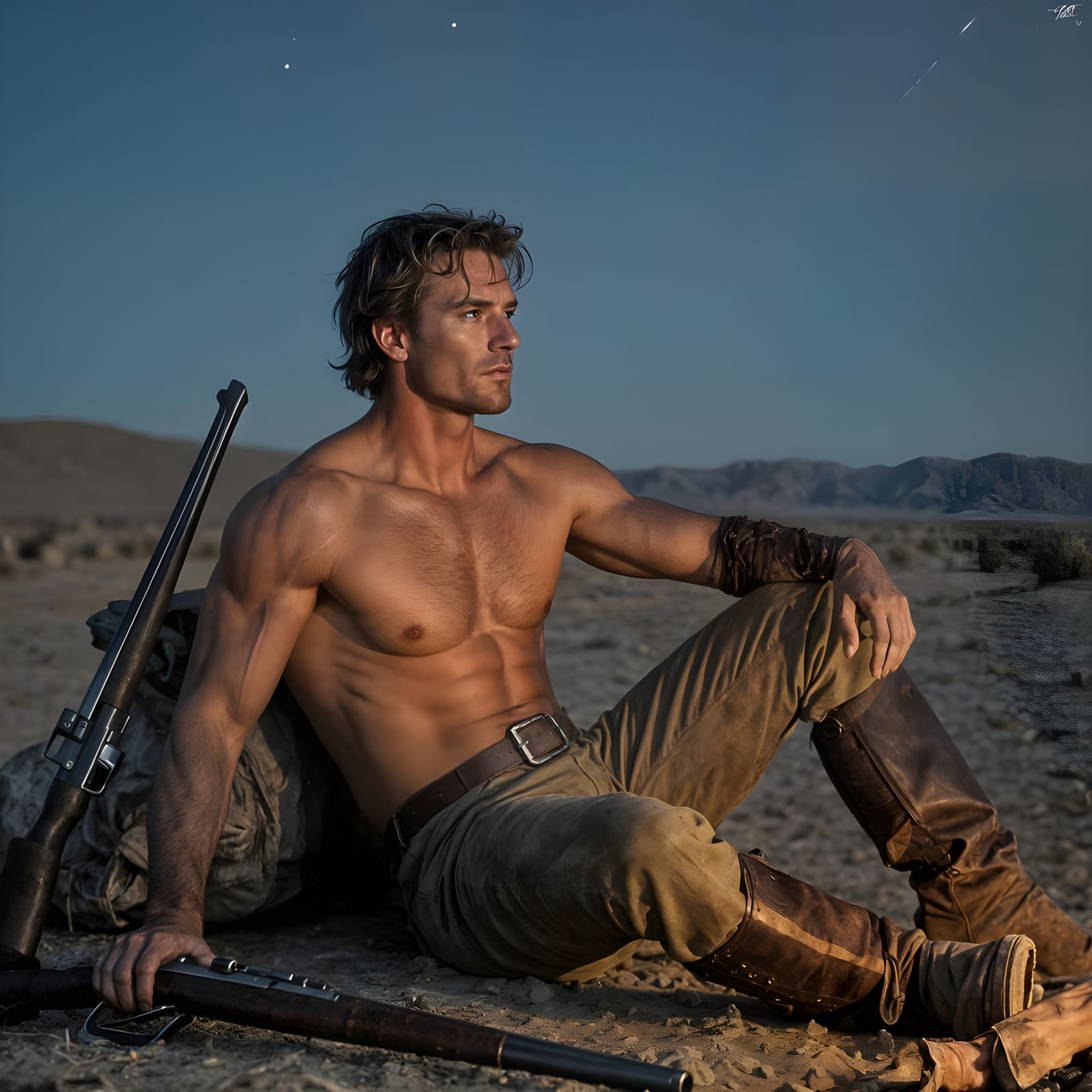 Rugged Hunter Rests by Dying Campfire Under Starry Desert Sk...