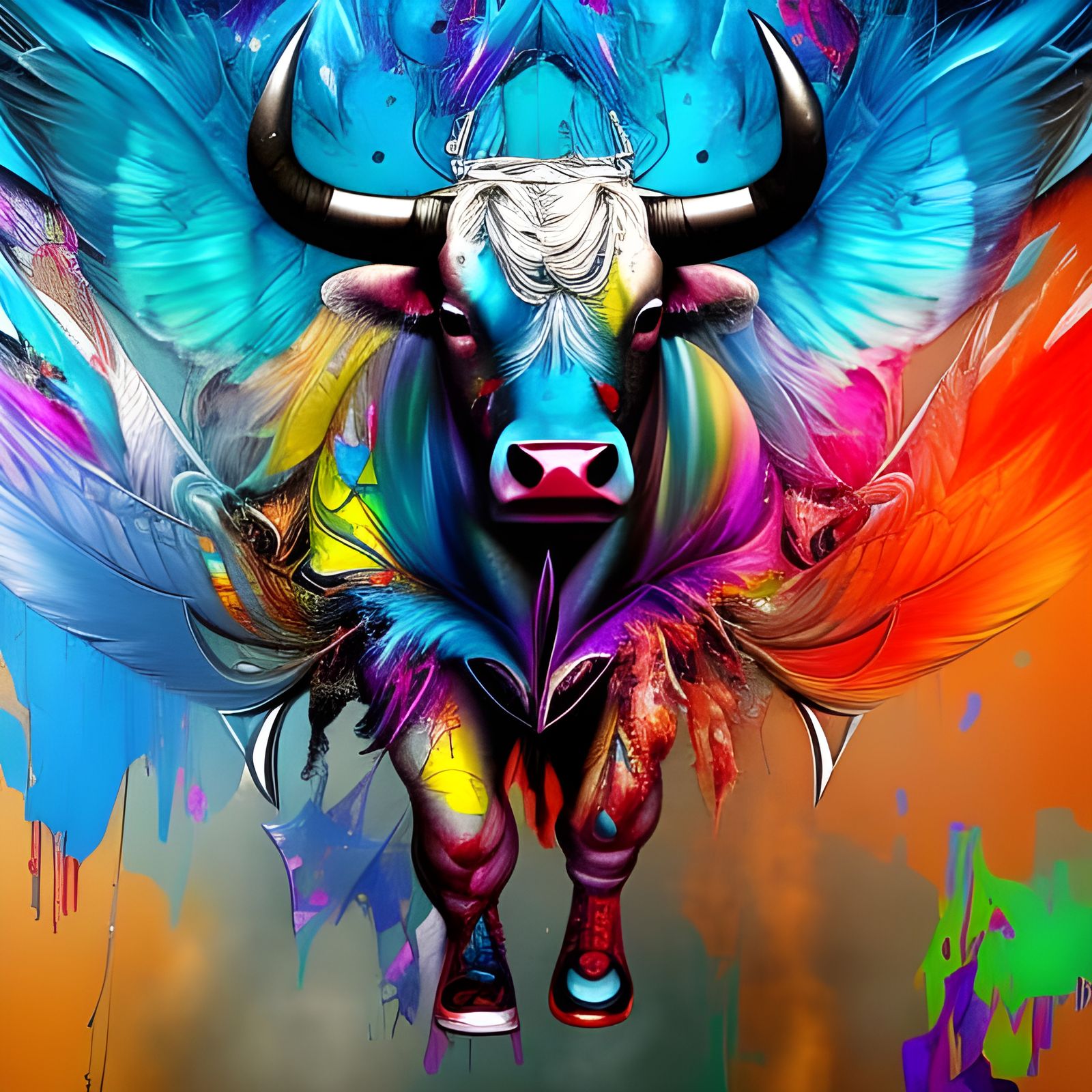 Winged Bull: Explosive Colors in Digital Art