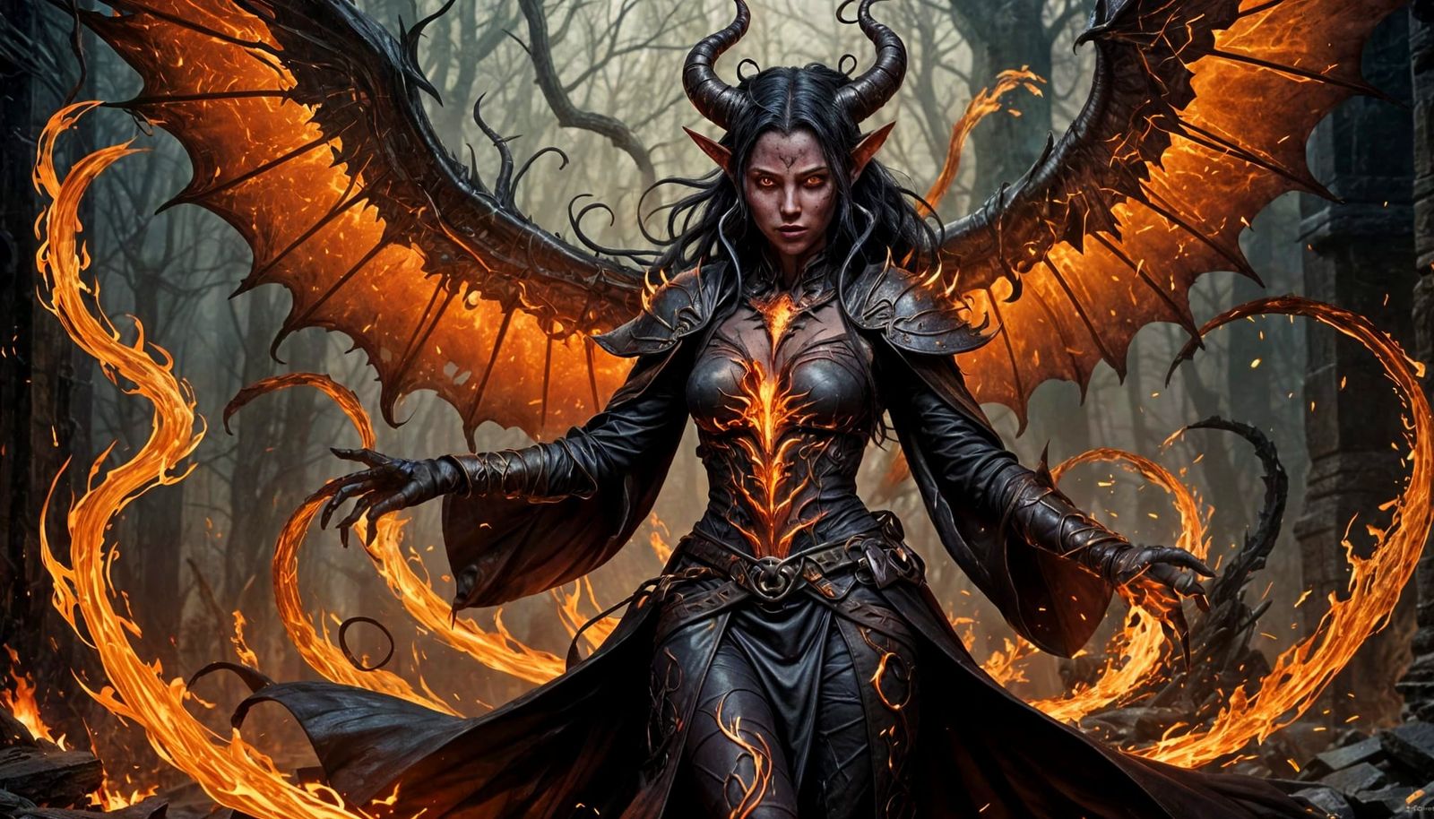 Tiefling Warlock with Shattered Flame Pact as Oil Painting