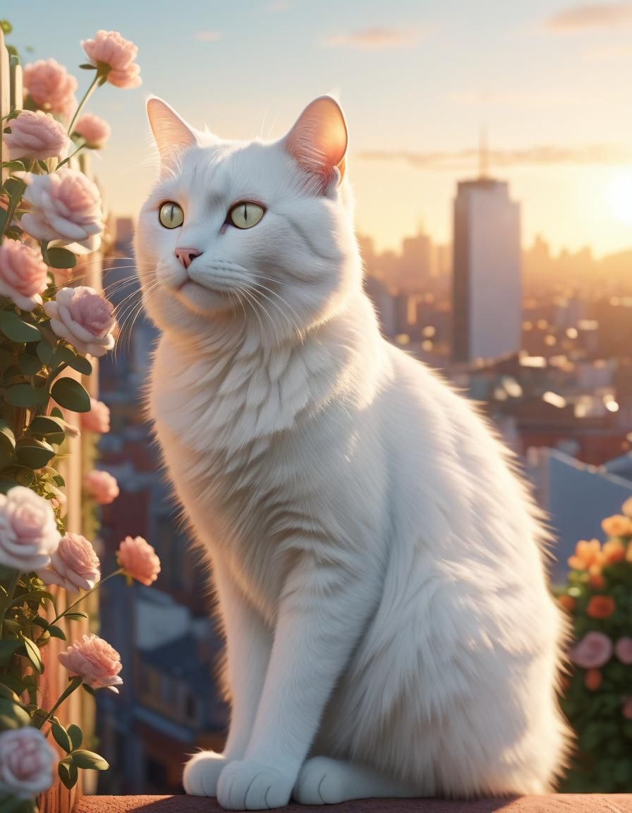 Dramatic 3D Render of a White Cat in Cityscape