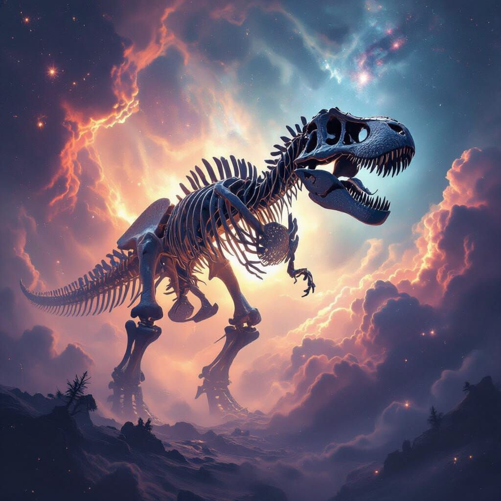 Cosmic T-Rex Skeleton in Bioluminescent Nebula