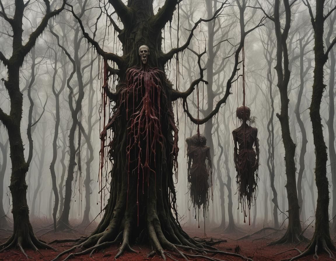 Macabre Hanging Figures in Fog-Filled Forest