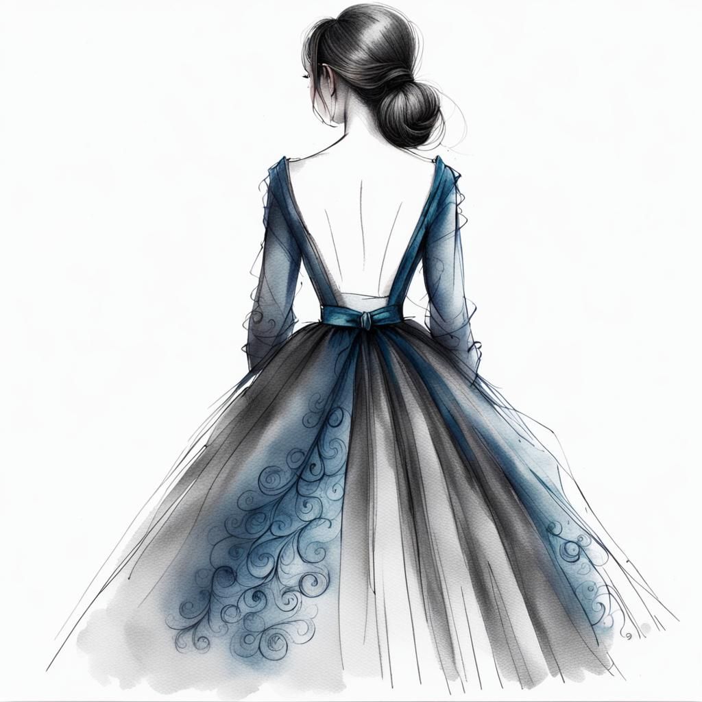 sketch of the back of lady wearing a dress with V-back hair swept to one side no face