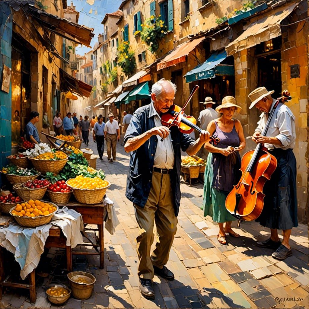 Musician Plays Violin: An Impressionist Oil Painting