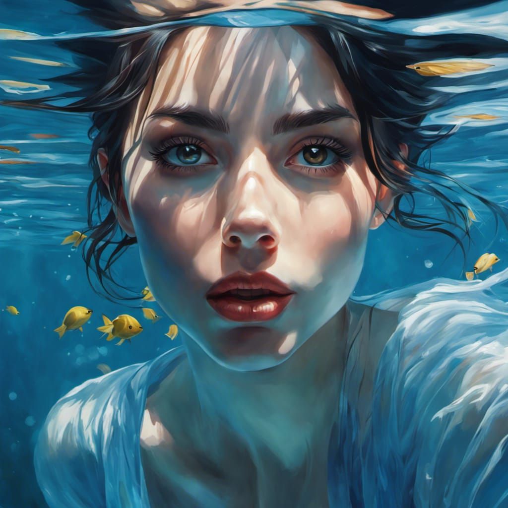 Woman Underwater with a Detailed Face