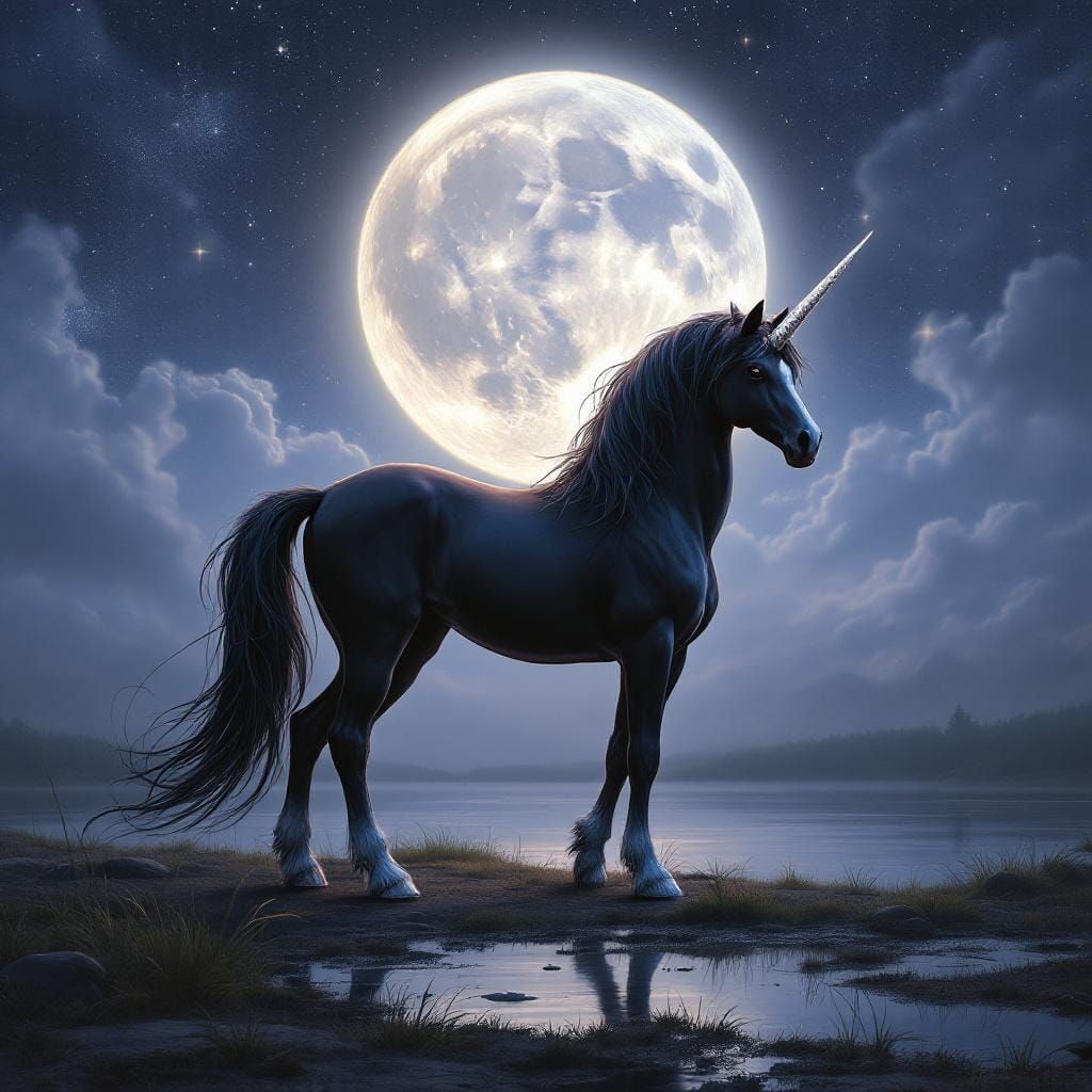 Ethereal Black Unicorn in Moonlit Clearing