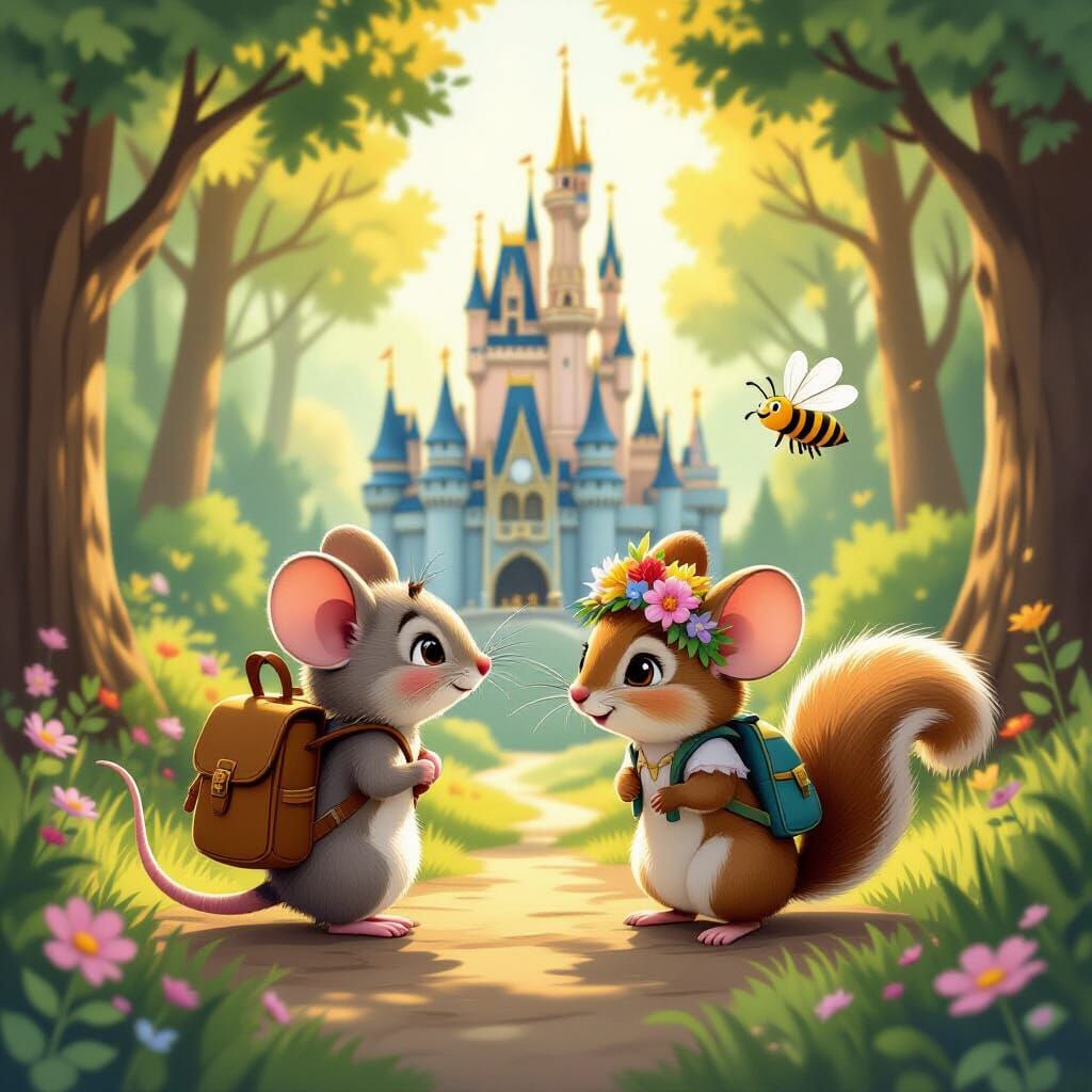 Mice Explore Forest with Disney Castle, Whimsical Style