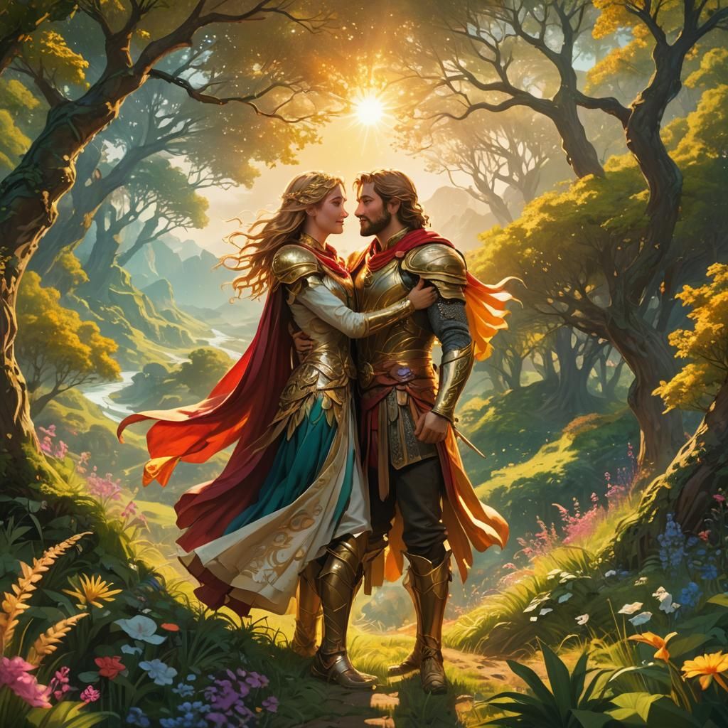 Heroes Embrace in Lush, Golden Landscape