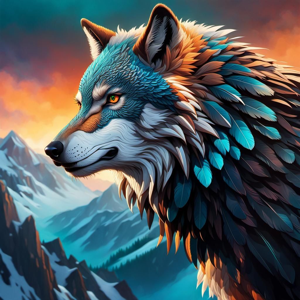 Surreal Wolf-Eagle Hybrid Ascends Misty Mountain Peak in Hyp...