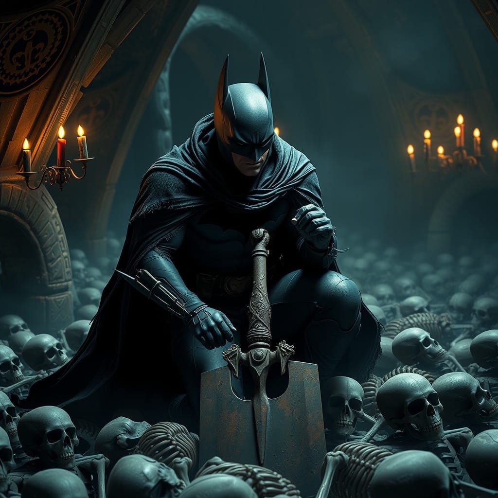 Gothic Batman Amidst Ancient Skeletons in a Dark, Haunted Ba...