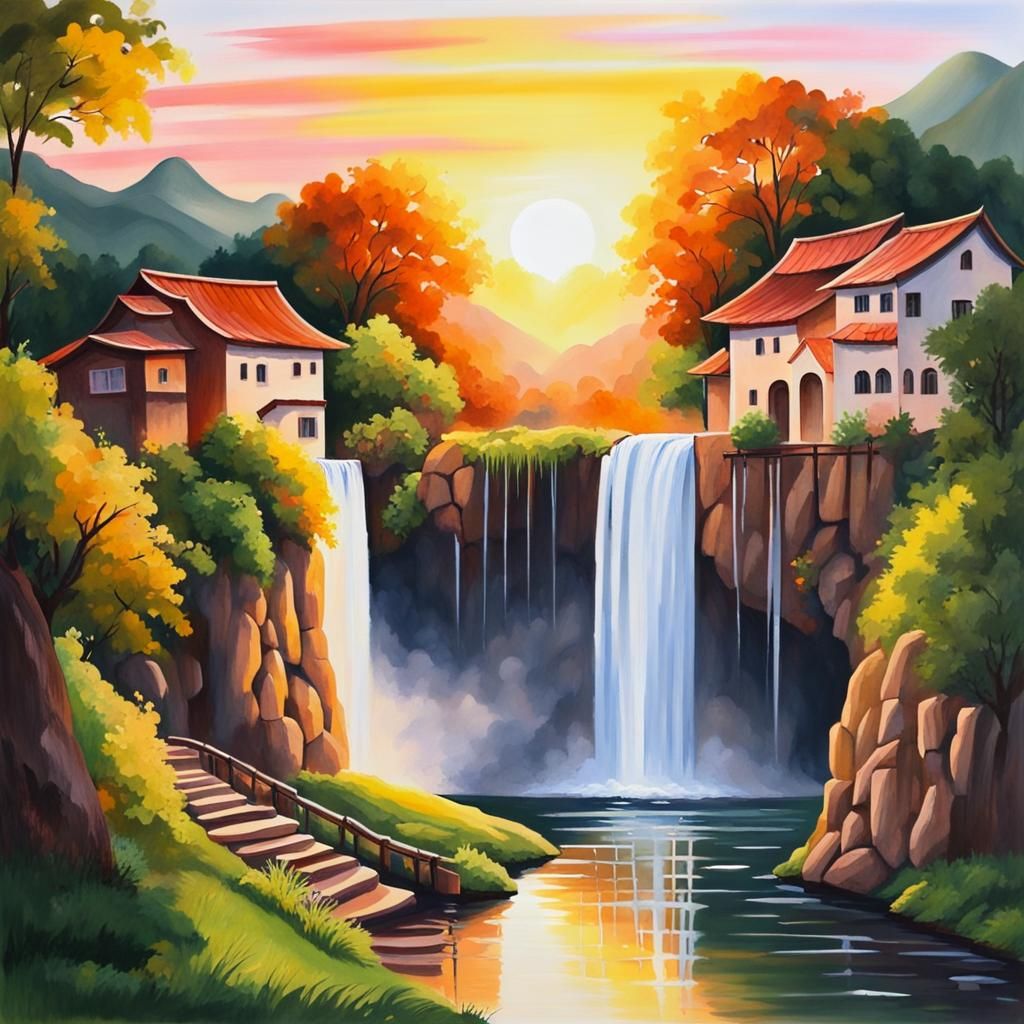 Gouache Painting of Sunrise Waterfall in Village