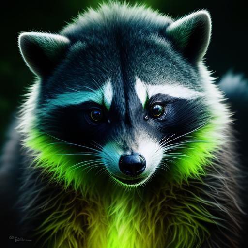Glowing Green Raccoon in Hyperrealistic Style