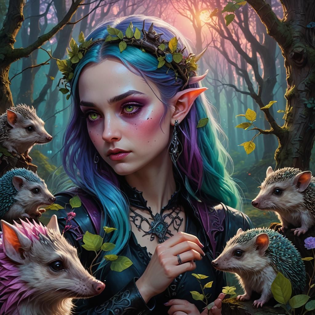A girl elf Gothic gothic stands in the forest and talks to a...
