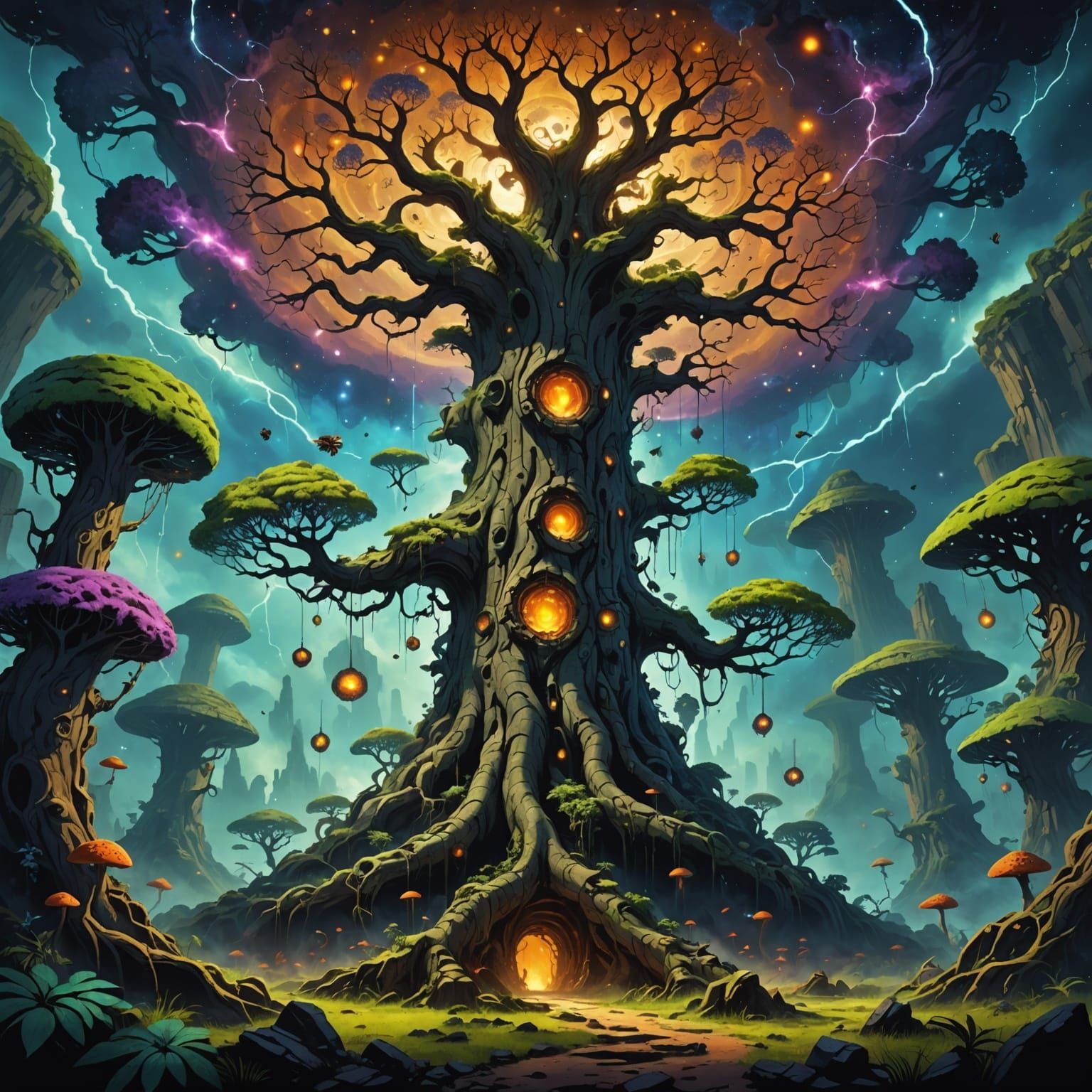 Ancient Sky Tree Island with Glowing Fungi in Dark Fantasy S...
