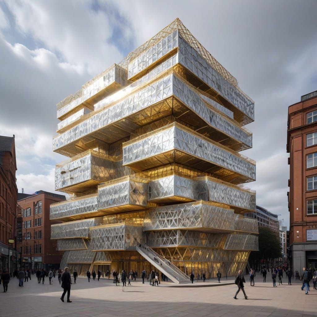 Birmingham Library, huge solid  gold and silver mesh triple stepped ziggurat design, in Birmingham city centre 2025, Eng...