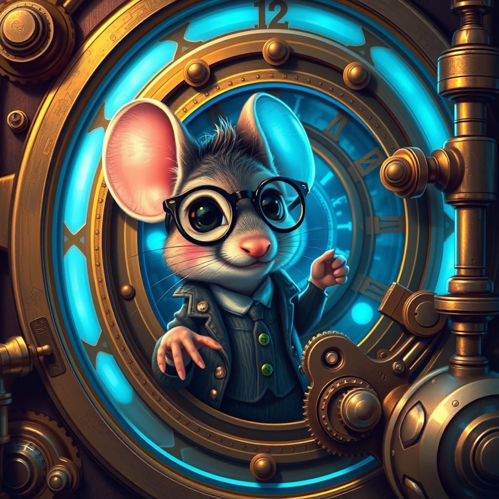 Steampunk Mouse Discovering a Time Machine with Blue Glow