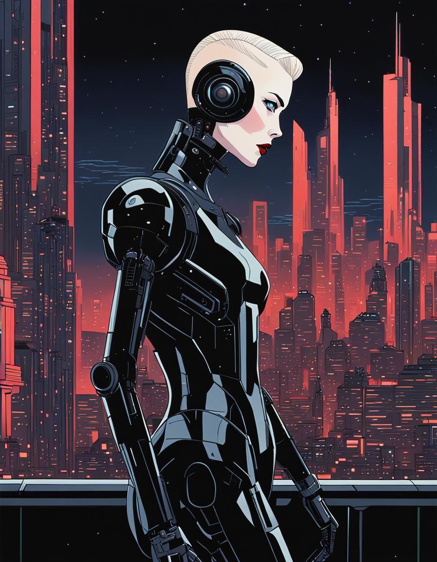 Cyberpunk Girl and Robot in Nagel Style