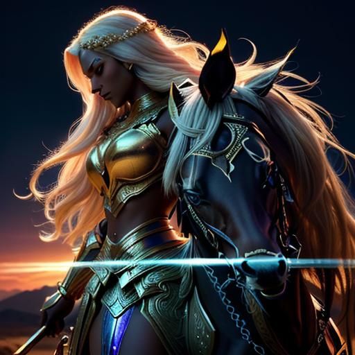 Celestial Woman with Warrior at Sunset in Romantic Realism