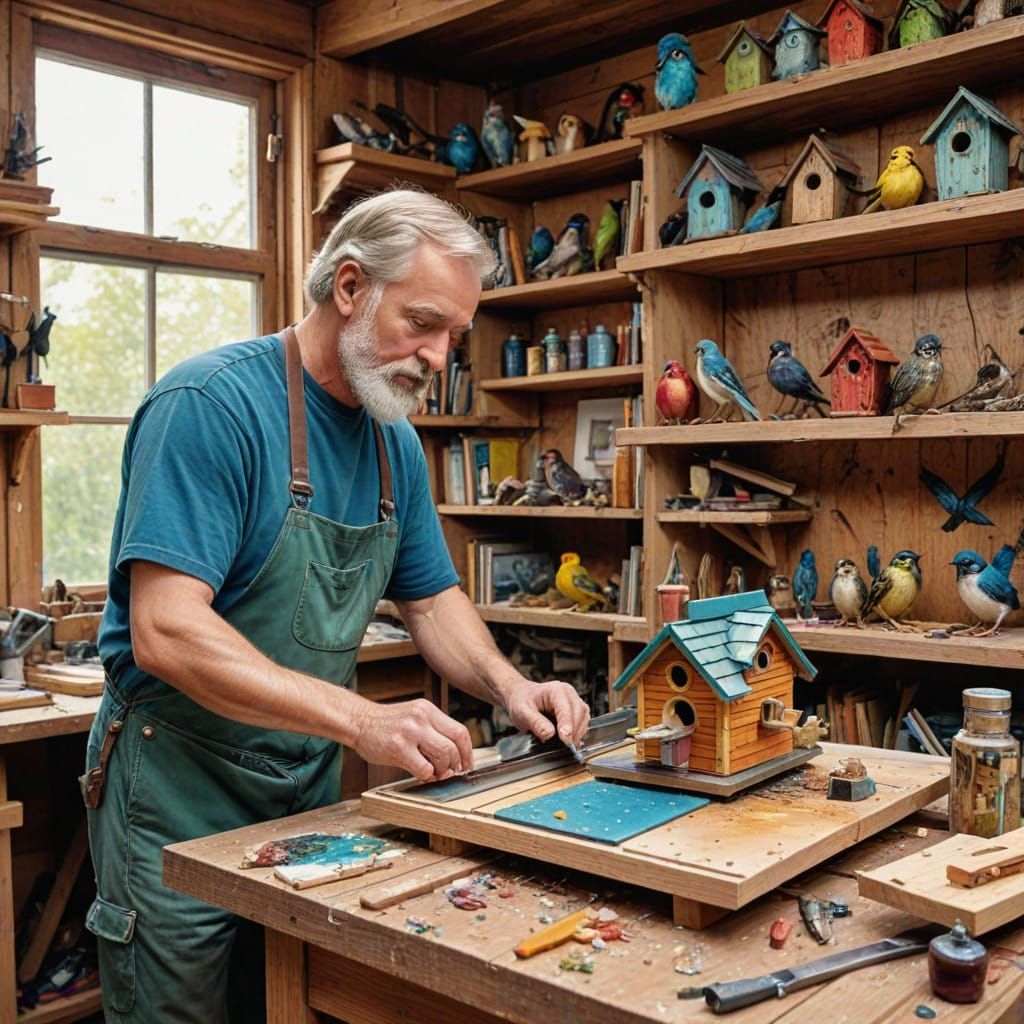 Carpenter Creates Intricate Bird Houses in Colorful Workshop