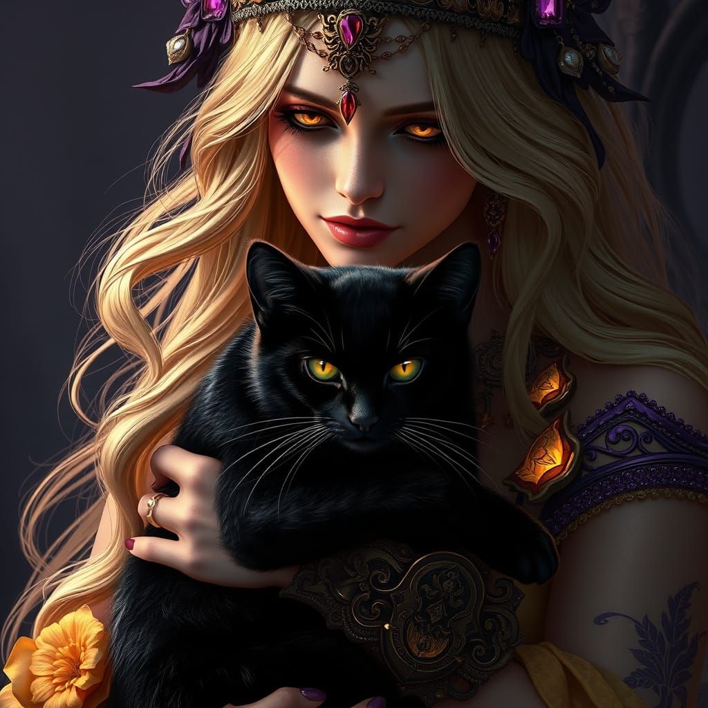 Enchanted Woman and Feline Companion in Dark Fantasy