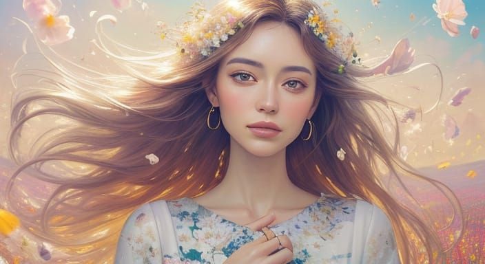 Ethereal Woman in Flower Field as Impasto Oil Painting