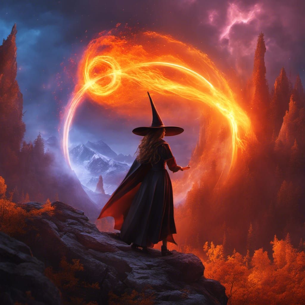 Witch Opens Fiery Portal: Neo-Impressionist Art