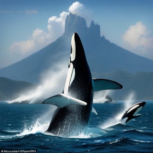 Orcas Swimming: Vibrant Hyperrealistic Ocean Scene