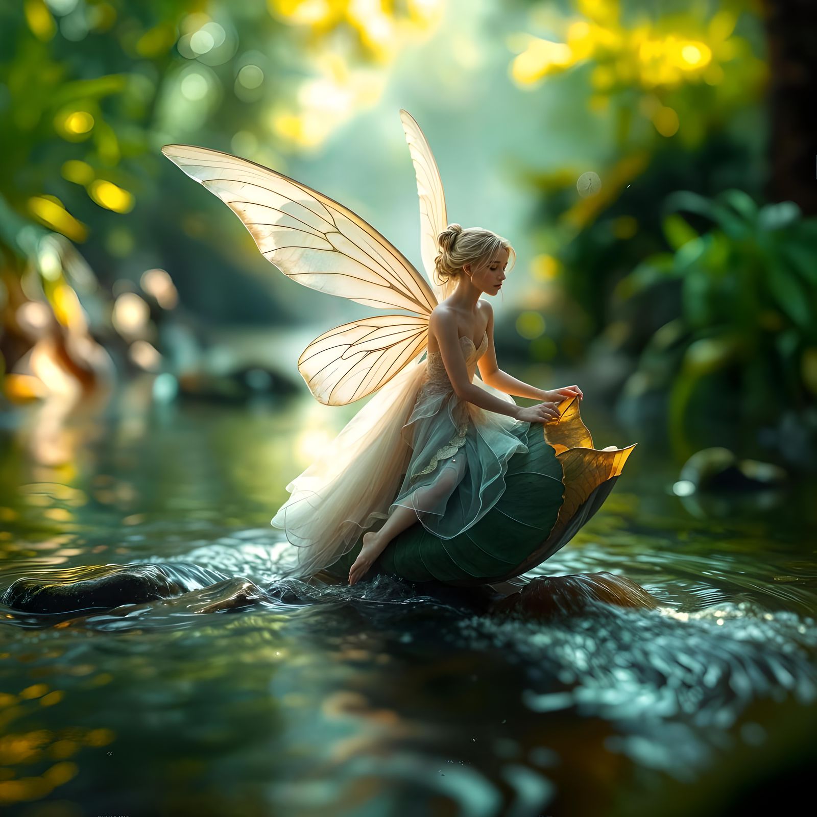 Fairy Riding a Leaf Downstream