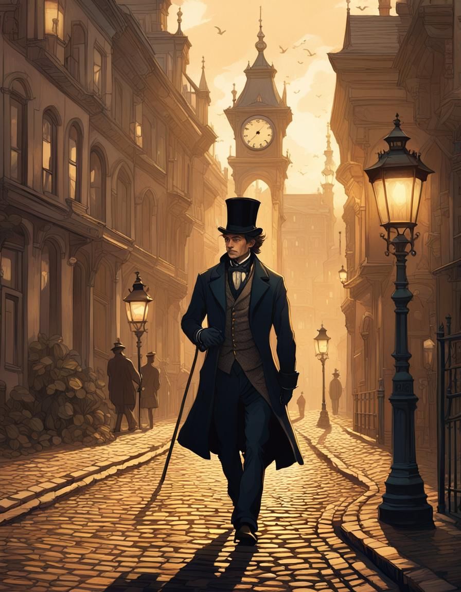 Victorian Man on Cobblestone Street