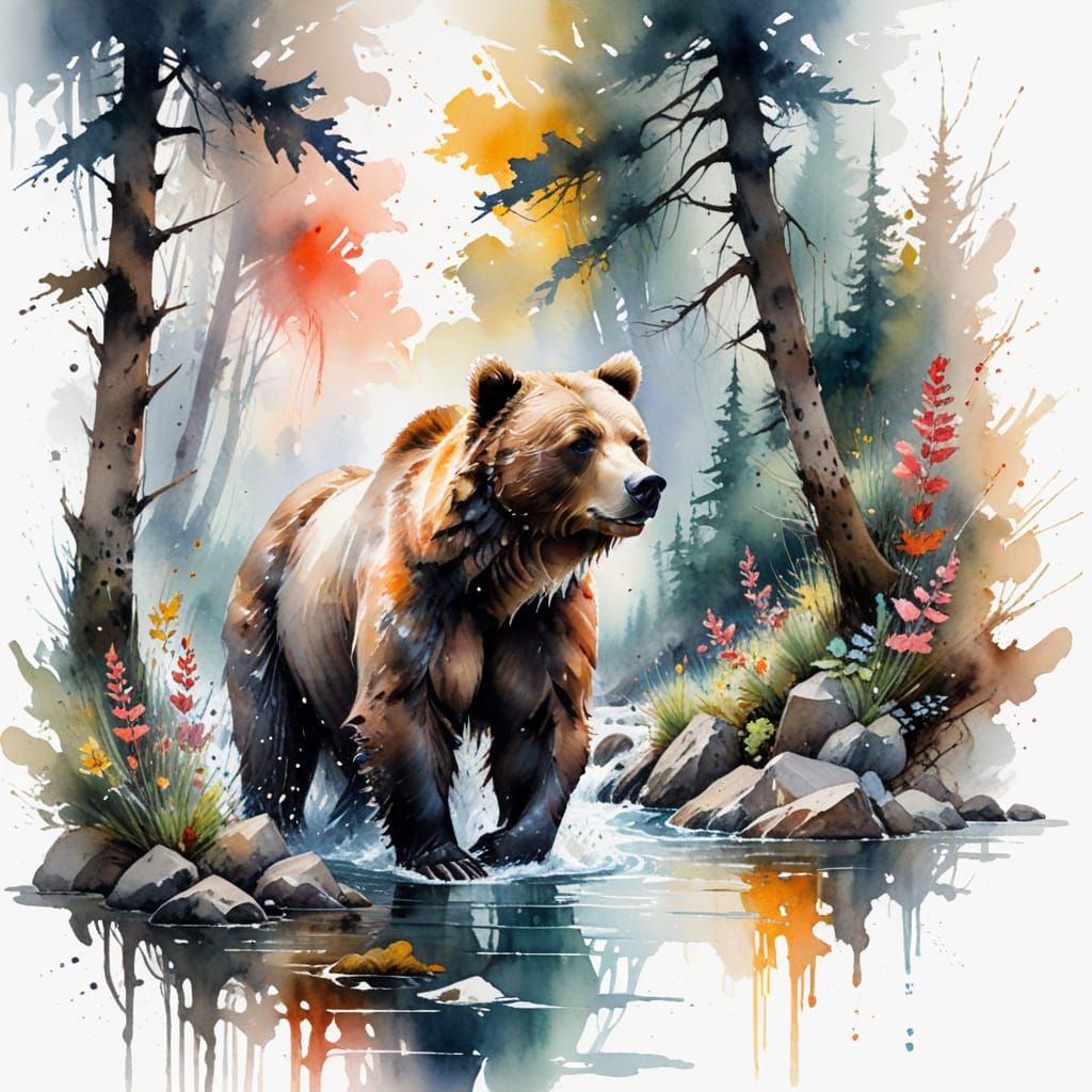 Grizzly Bear Catches Salmon in Rushing Stream