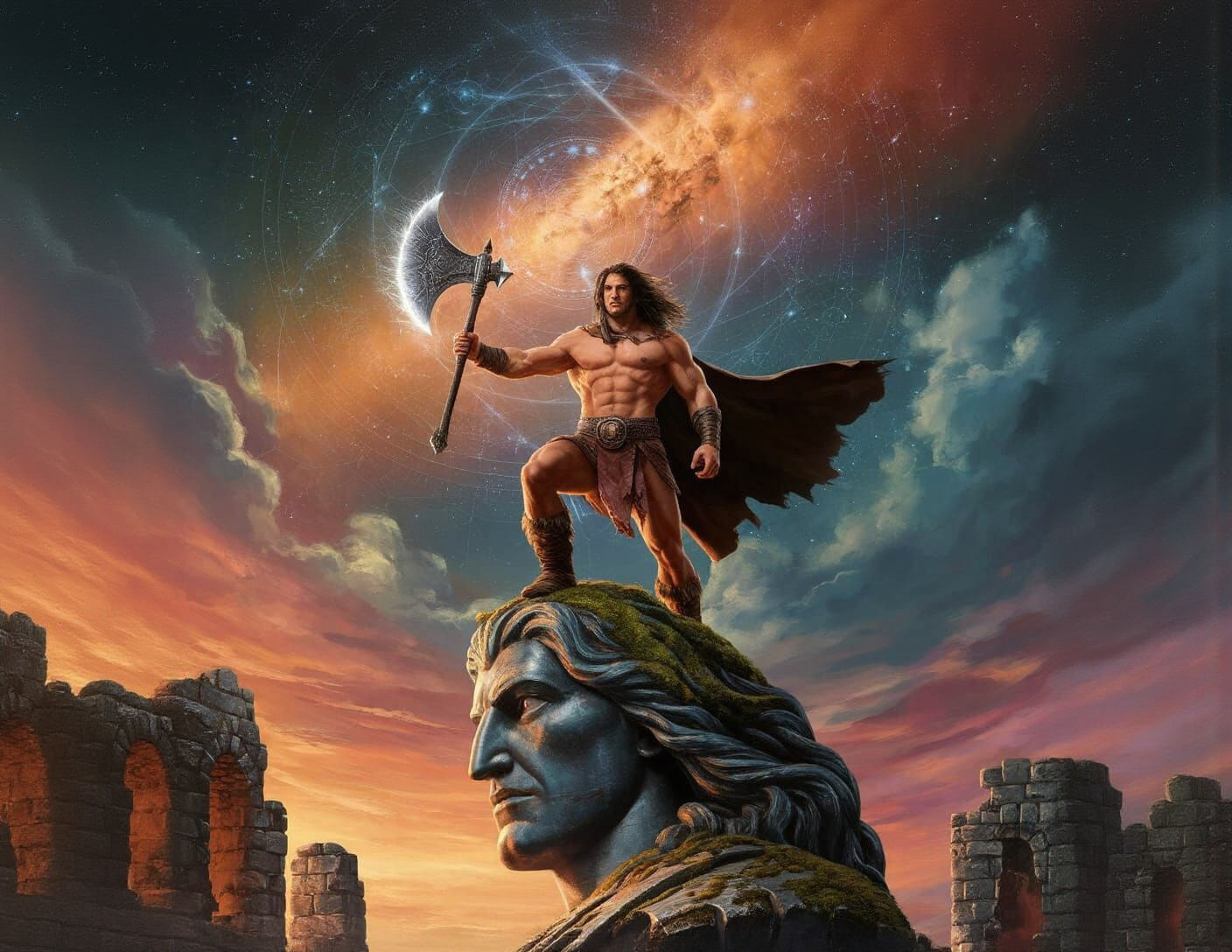 Barbarian Warrior on Ancient Deity Statue Under Cosmic Sky