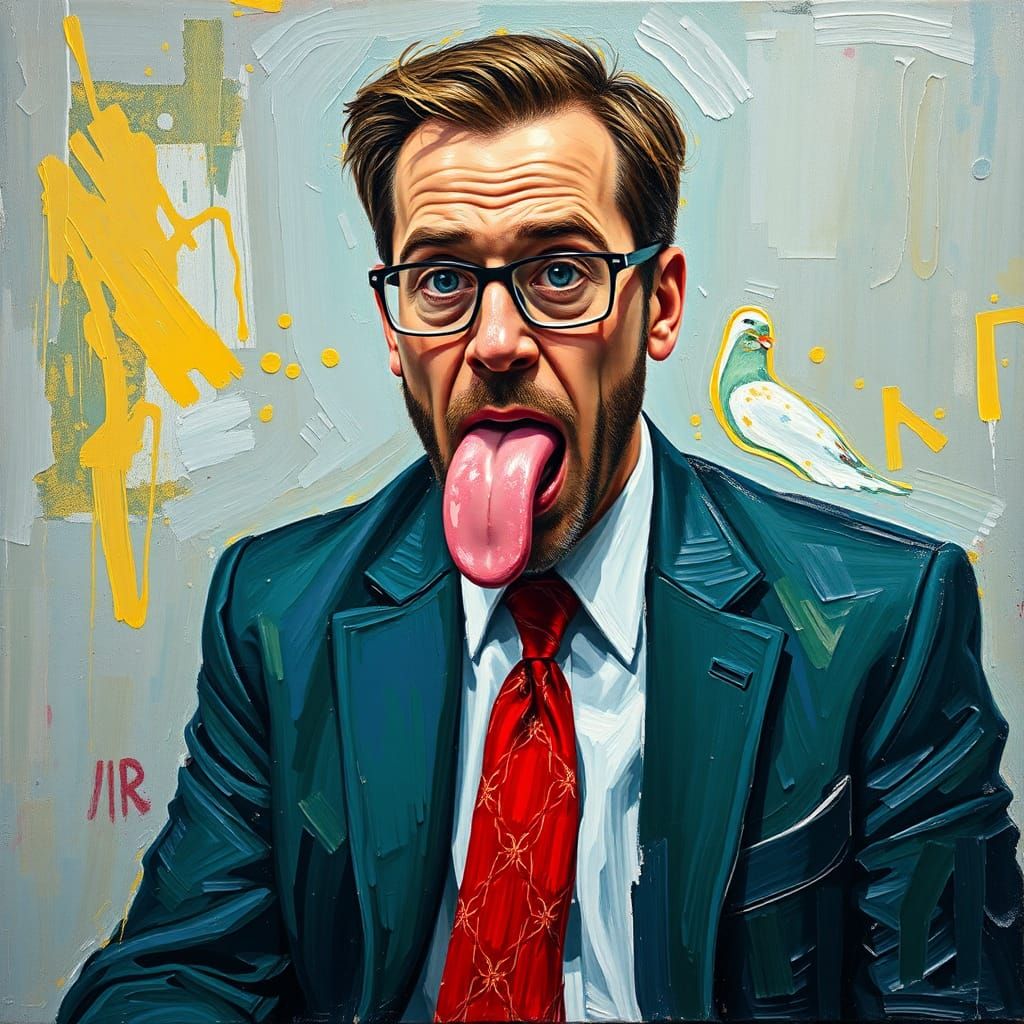 Expressive Oil Painting of a Slimy Office Worker