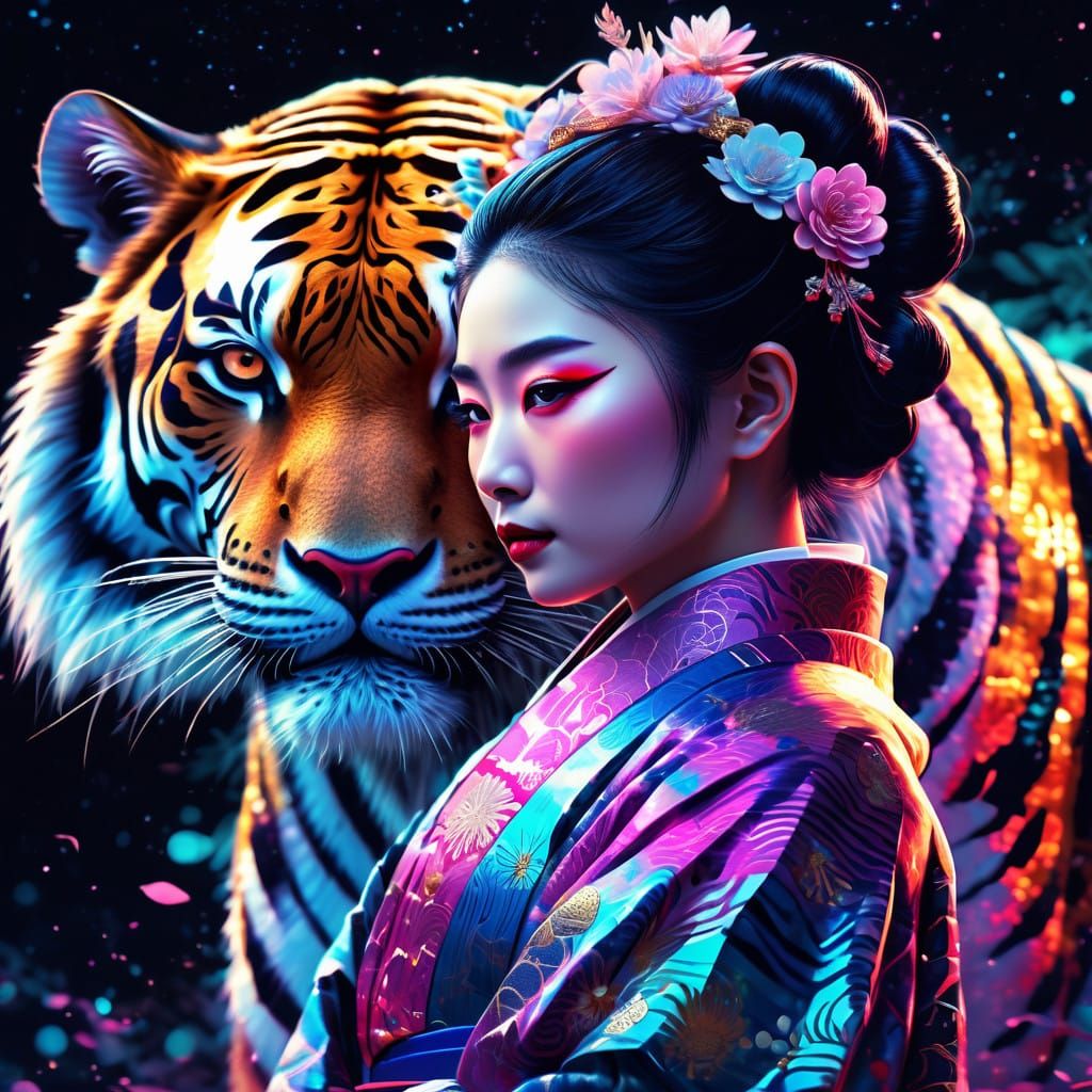 Mythical Geisha and Her Celestial Tiger Companion