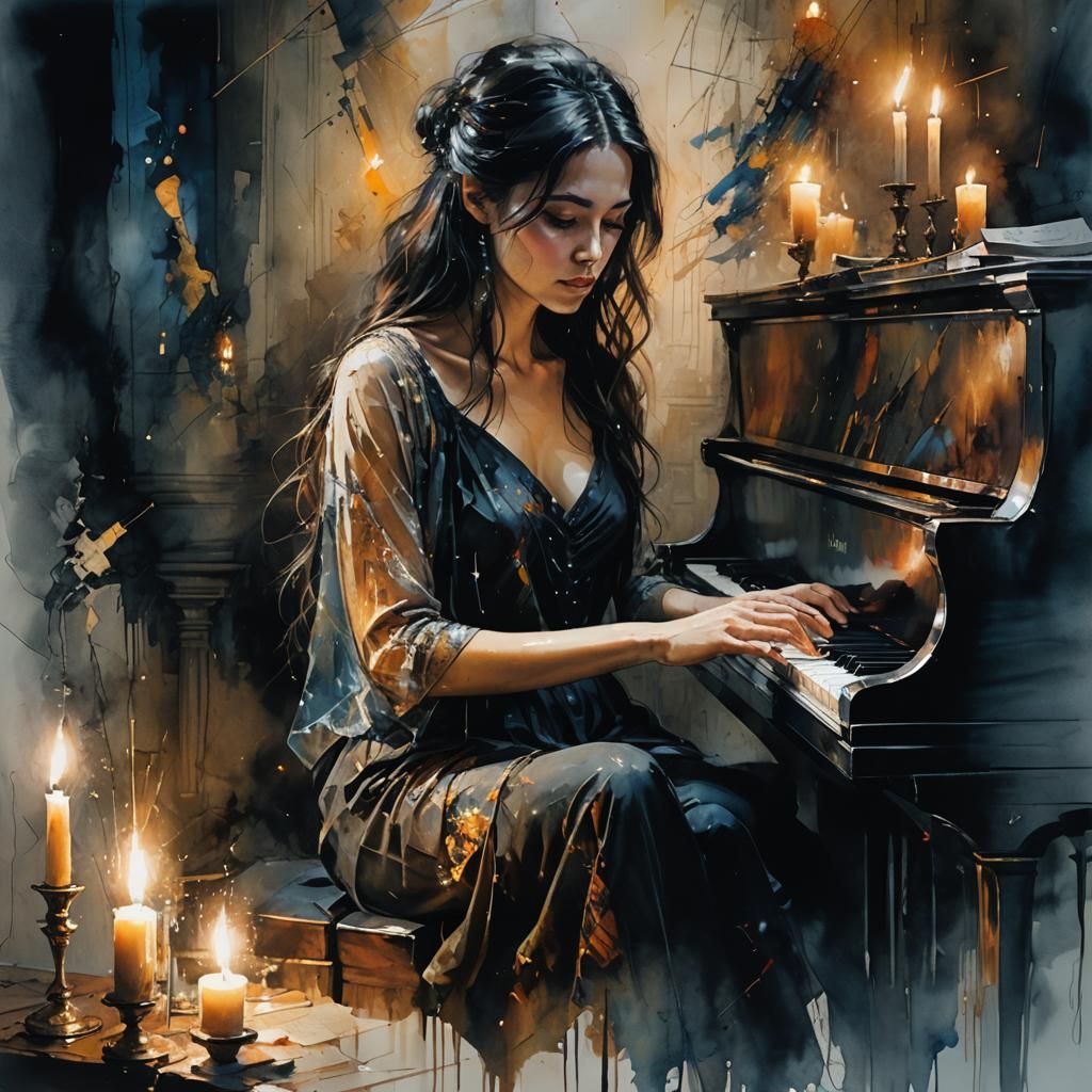 Woman Plays Piano in Candlelight, Surreal Matte Painting