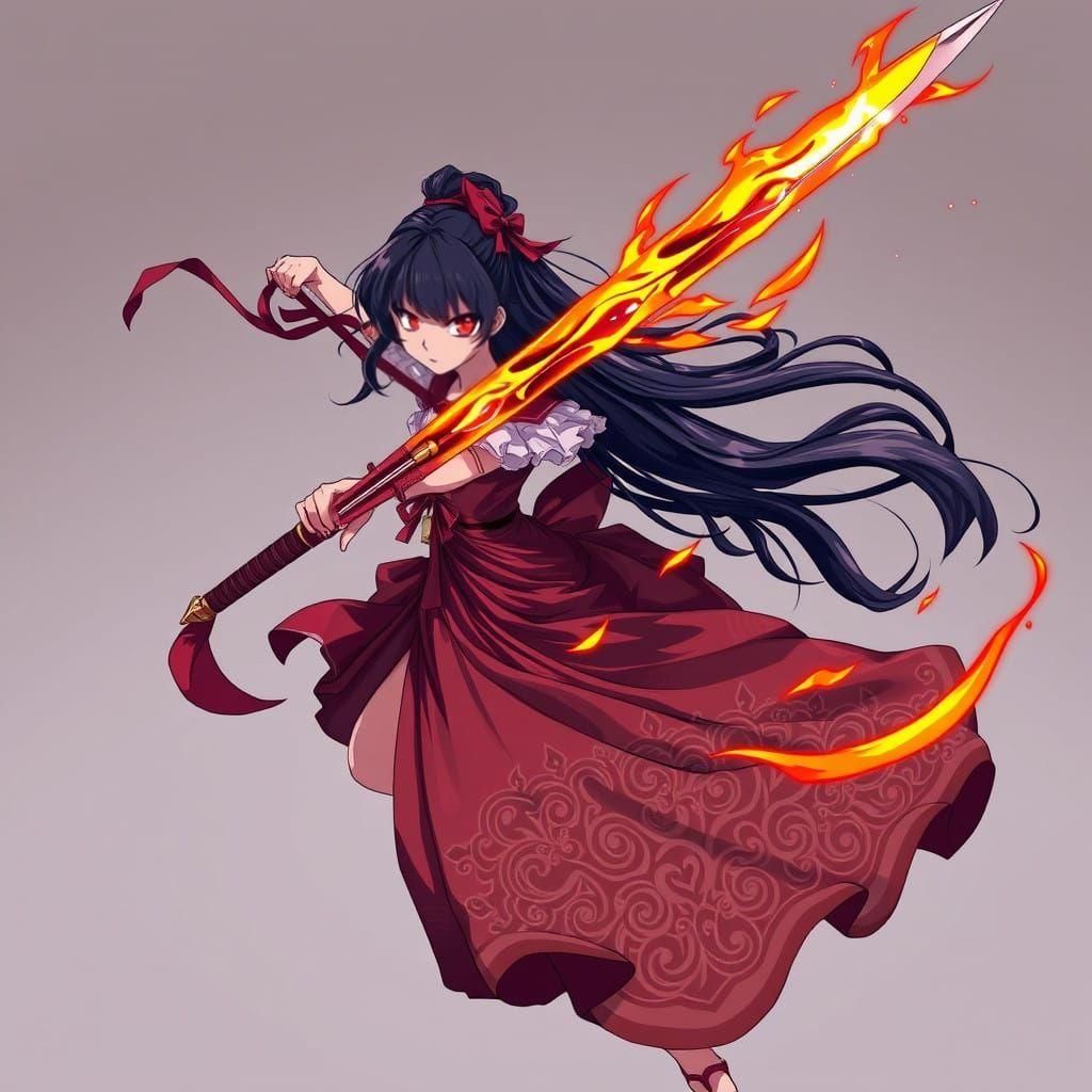 Heroine with Fiery Sword and Blazing Eyes in Anime Style