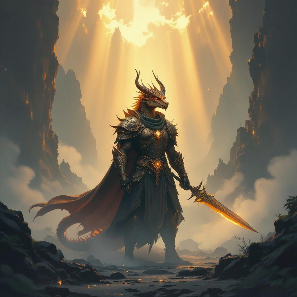 Copper Dragonborn Warrior in Ethereal Fantasy Landscape