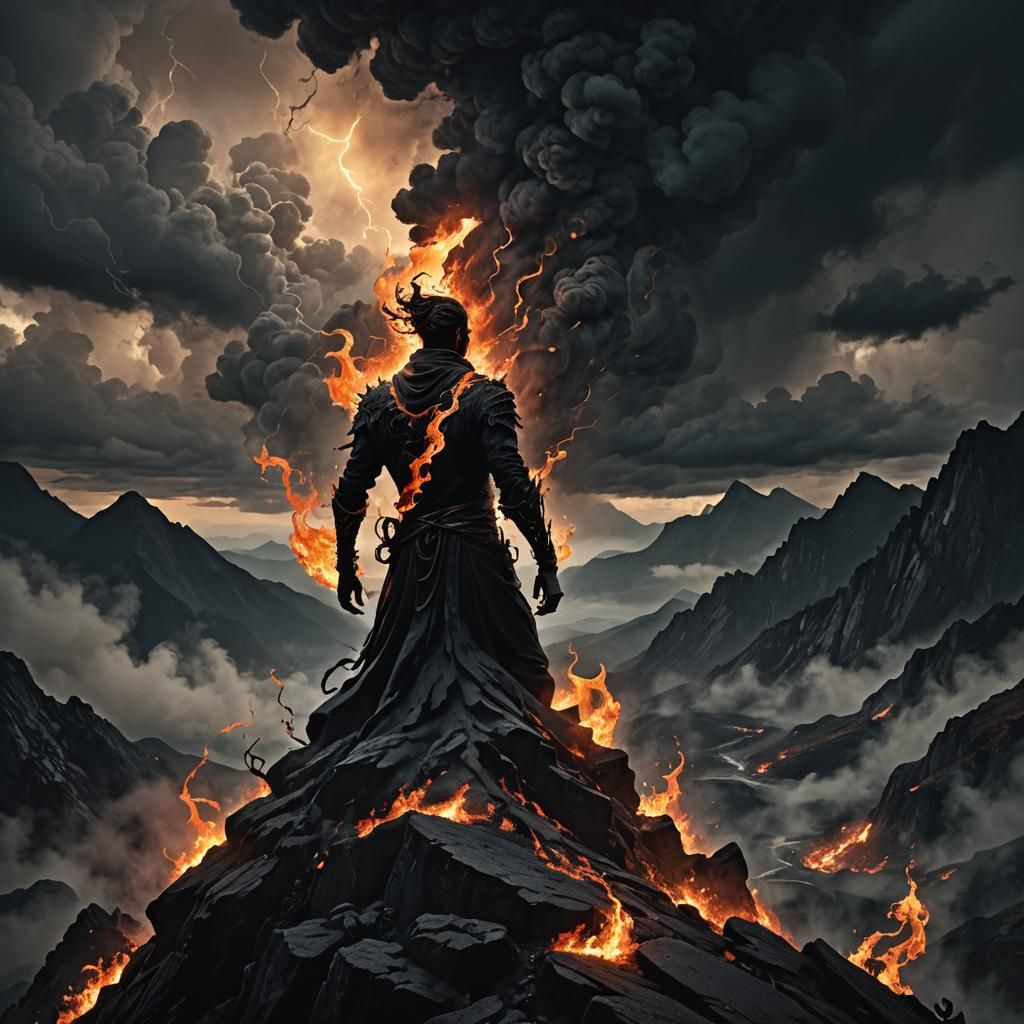 Flaming Silhouette in Dark Fantasy Landscape