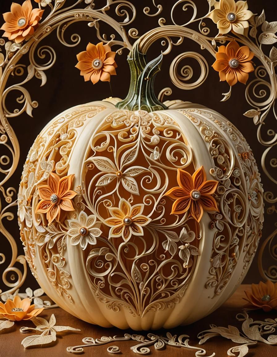 Ornate Quilled Pumpkin with Golden Filigree