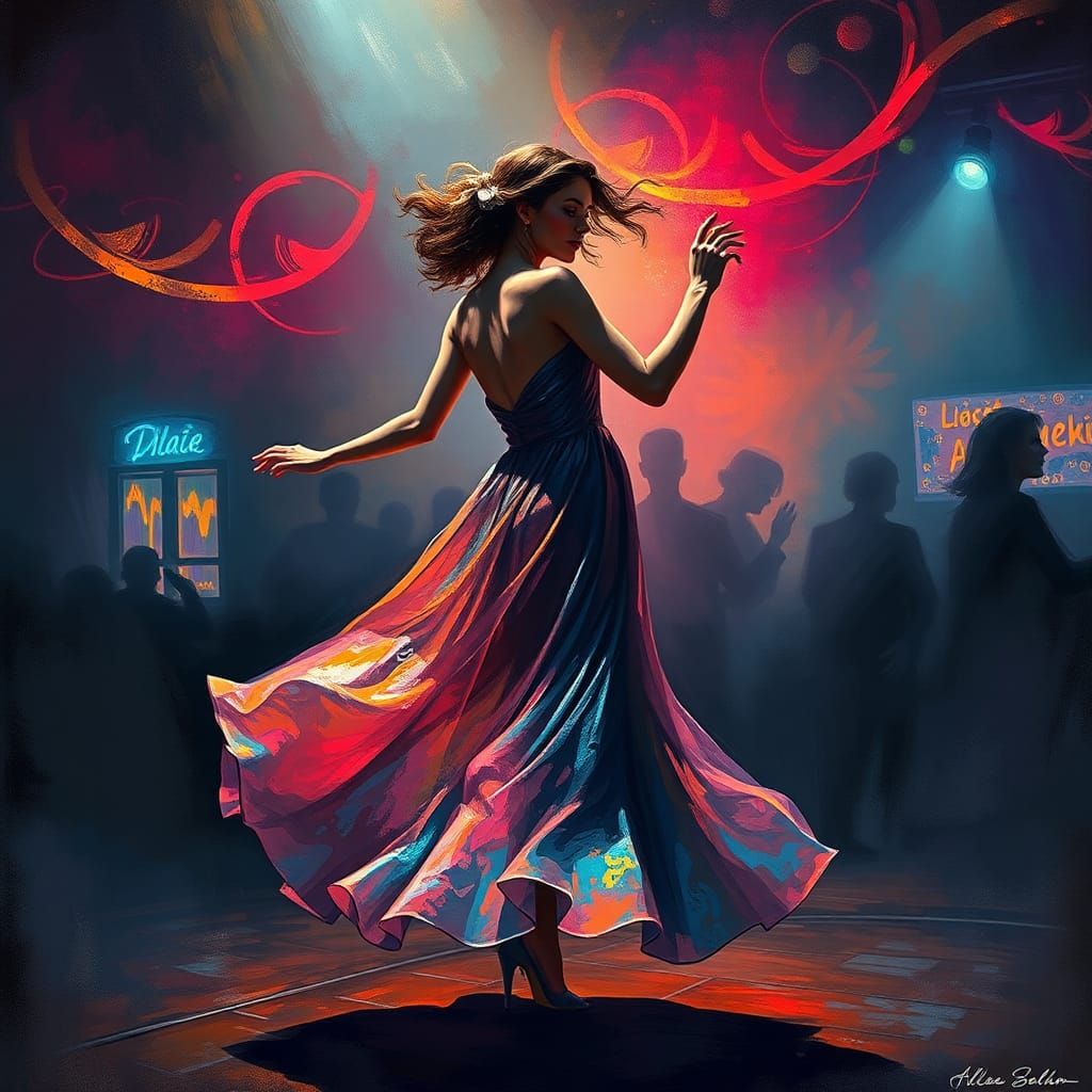 Woman Dancing in Nightclub, Expressive Art Style