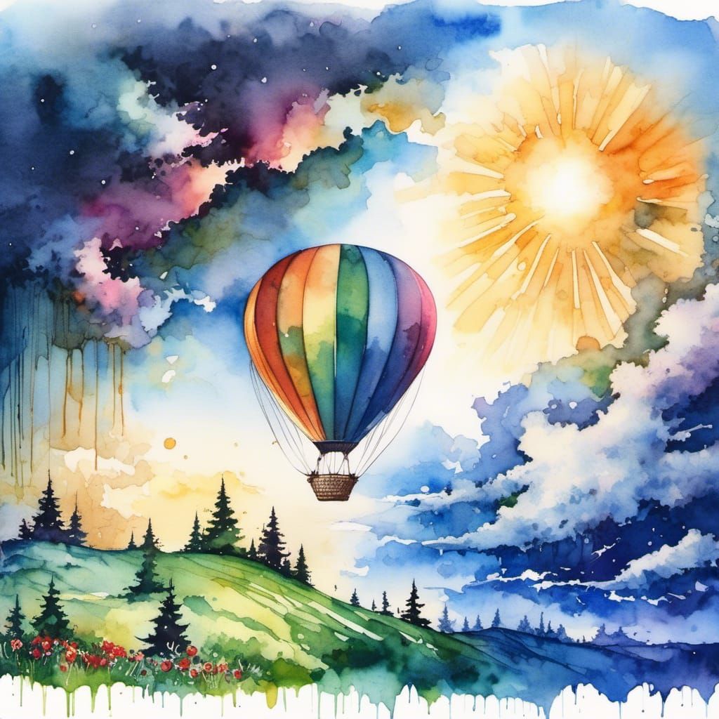 Watercolor Hot Air Balloon Rainbow Amidst Weather Clash