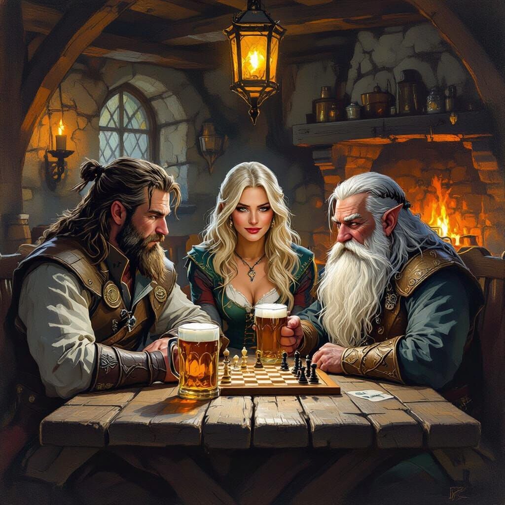Fantasy Tavern Scene: Man, Woman, and Gnome at Table