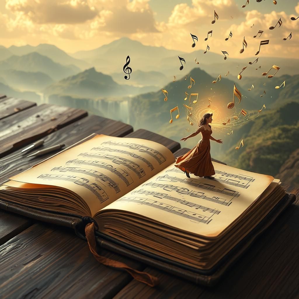 Musical Landscape Emerging from Vintage Notebook