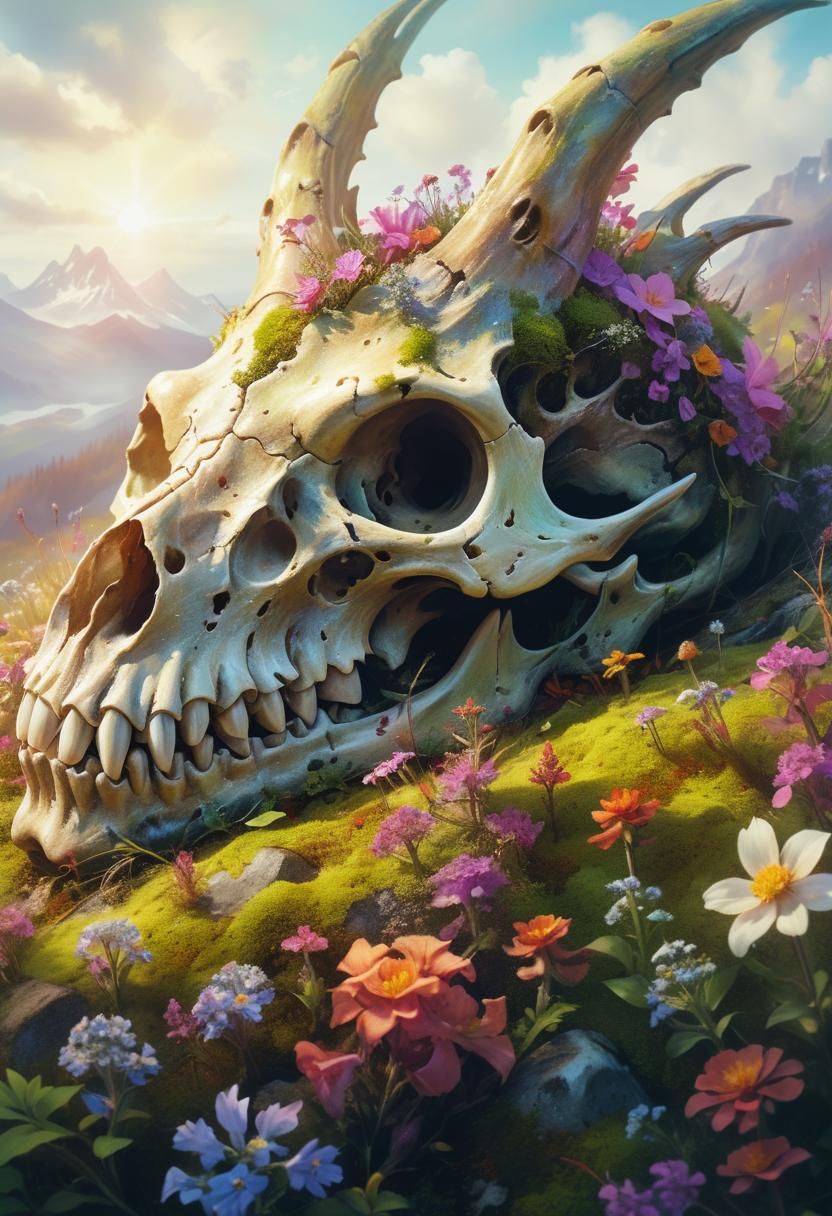 Dragon Skull on Mossy Hillside in Dreamlike Oil Painting