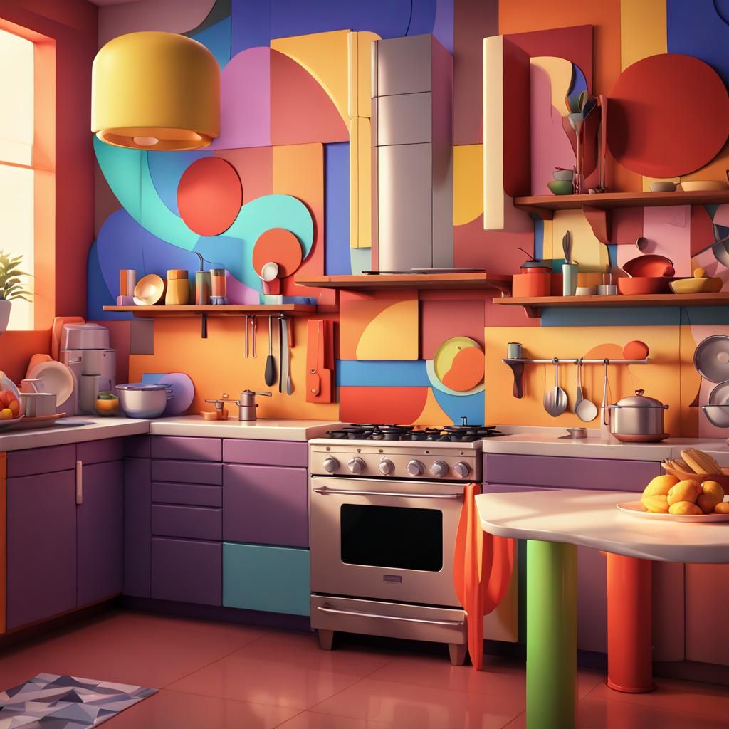 Pixar-Style Kitchen Concept Art in Geometric Fauvism
