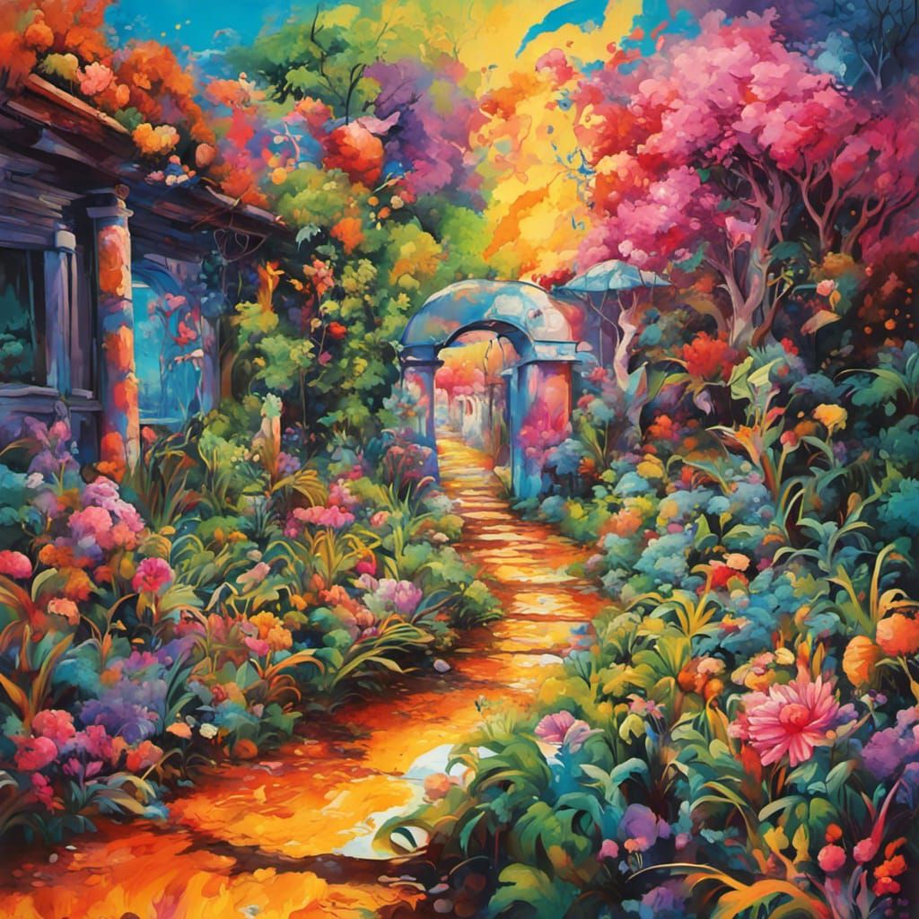 Vibrant Garden of Eden in Gouache Graffiti Art