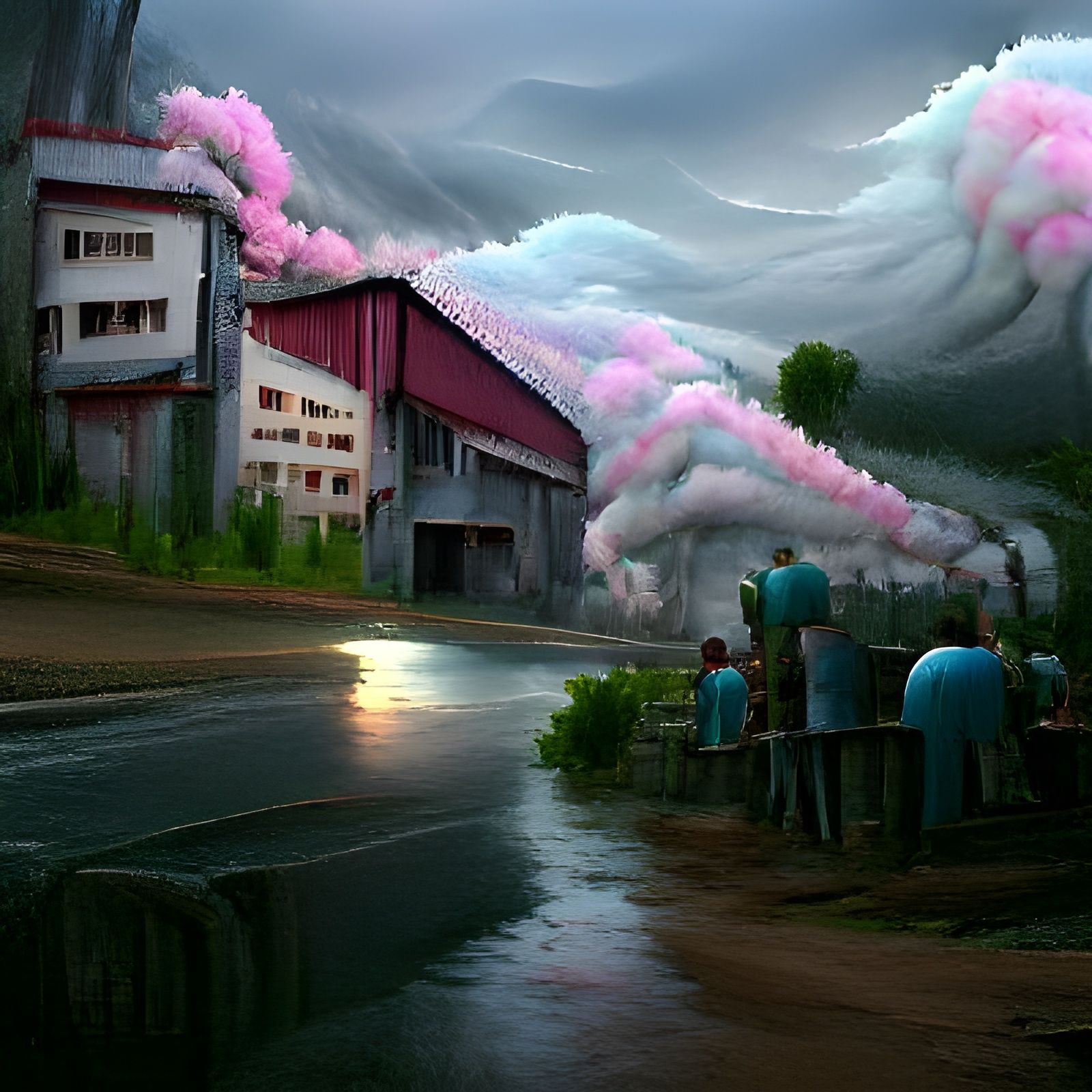 Rainy Evening in Rural Town with Bubblegum Clouds