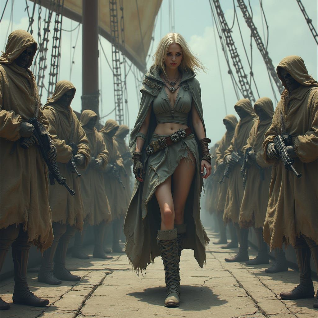 Dark Fantasy Monk on Sailing Ship with Skeletons