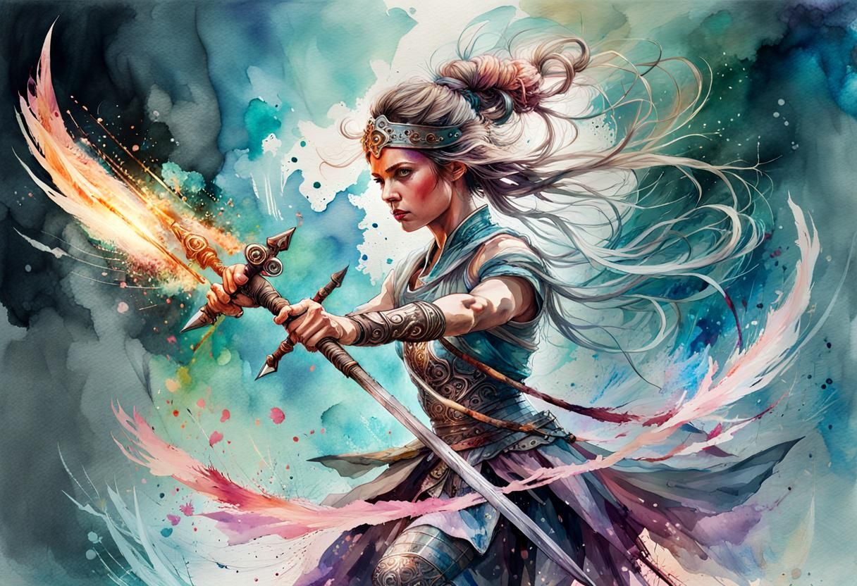 Fantasy Warrior in Yoga Pose: Digital Watercolor Art